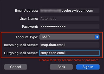 imap servers for setup titan email on Mac